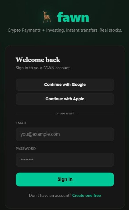 Fawn product sign-in screen
